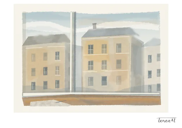 A watercolour-style digital drawing looks through a window at pale ochre and beige buildings with grey roofs and rows of rectangular windows beneath a grey and white sky. A vertical window bar divides the view left of centre, a sill runs along the bottom, and the signature TerezAI sits on the cream border at the lower right.